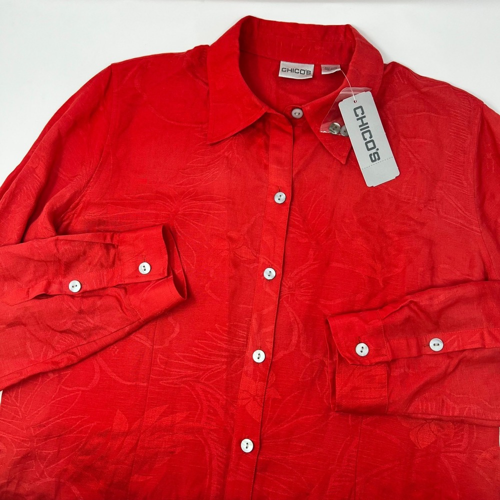 Chicos Becca Floral Jacquard Button Down Tunic Shirt Red Linen Blend Size 1 NWT